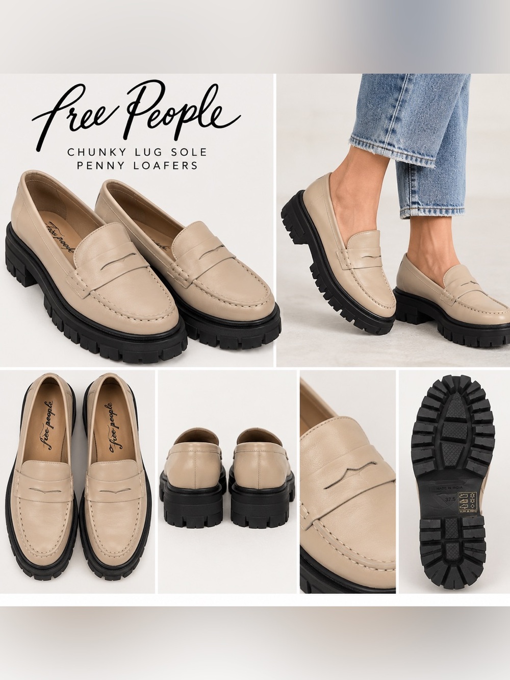 Free People Beige Chunky Lug Sole Penny Loafers